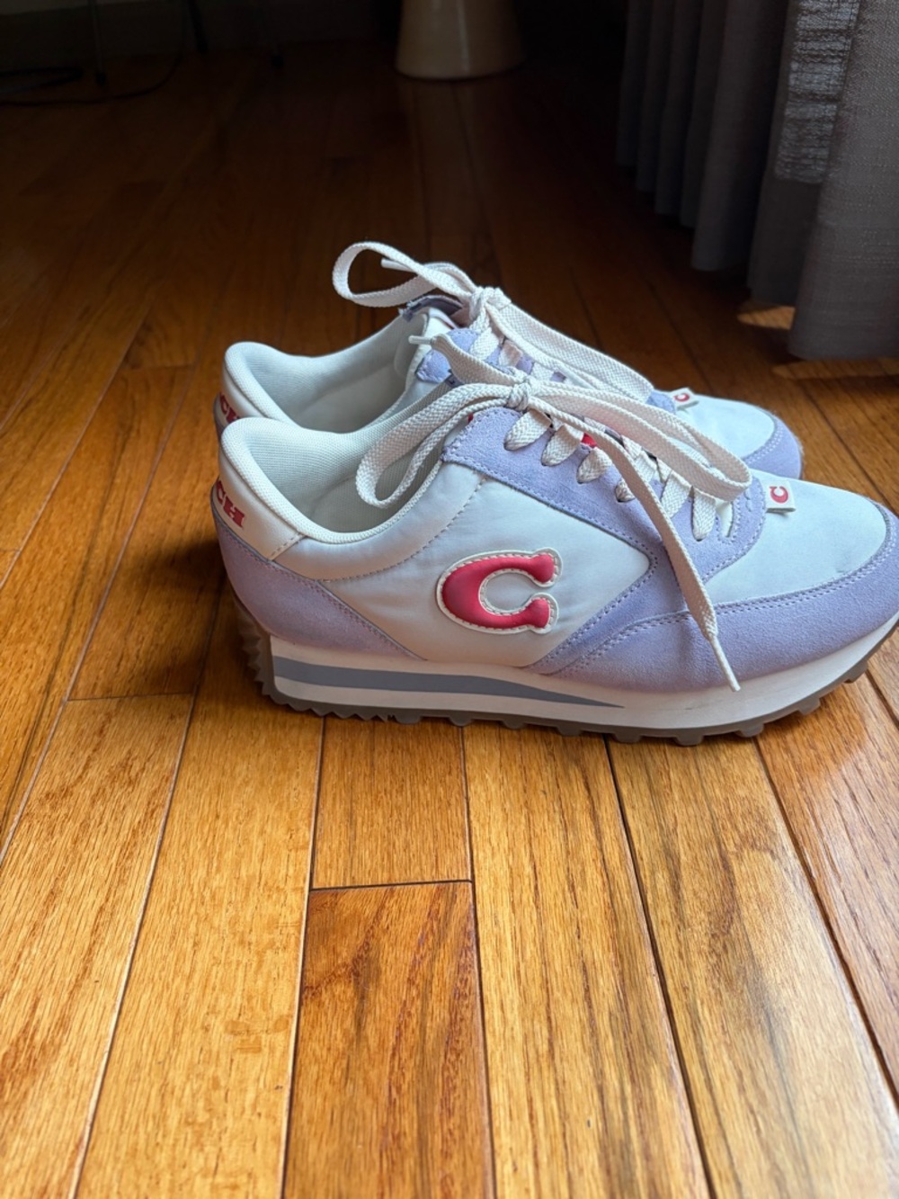 Coach 'C' Logo Lace-Up Sneakers in Lavender and White